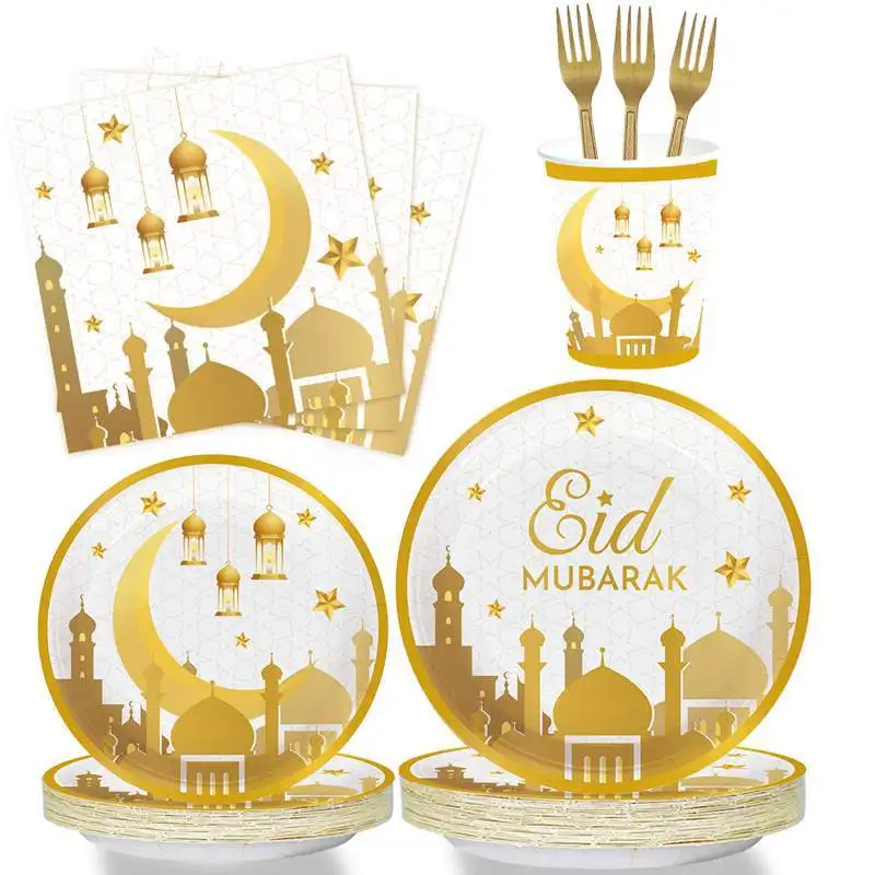 

Новый Одноразовый бумажный поднос из белого золота Eid Mubarak и бумажный стаканчик для праздвечерние чного украшения Eid Al Fitr праздничные принад...
