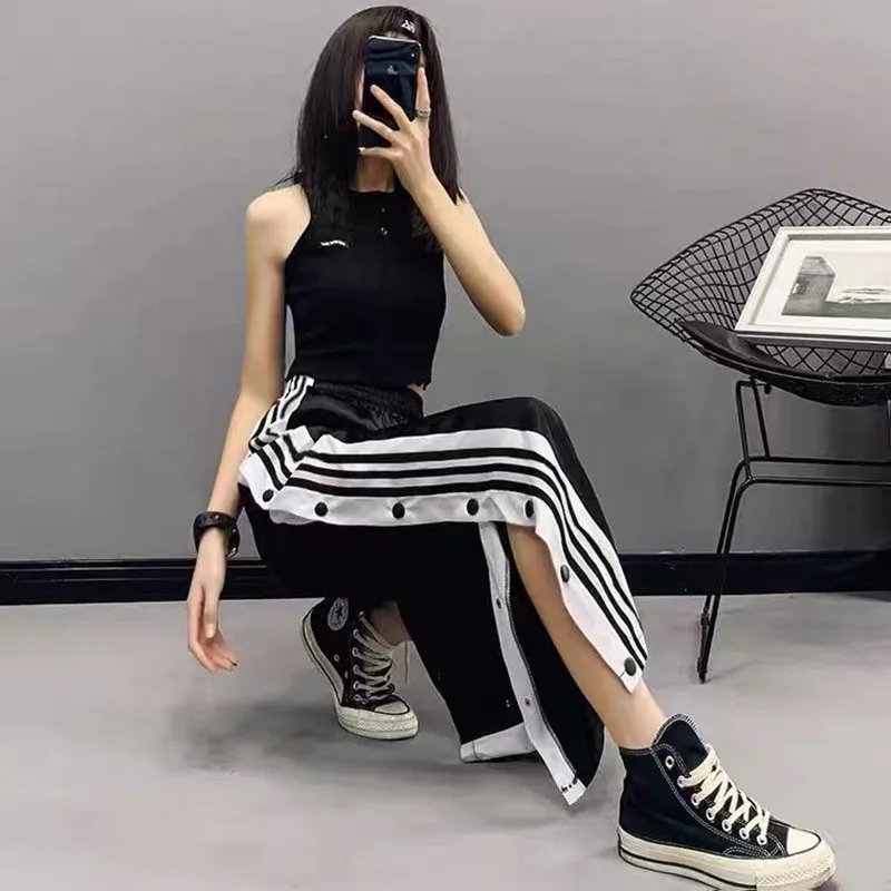 

2022 Women Joggers Sweatpants Casual Wide Leg Pants Women Stripe Hip Hop Sweat Pants Streetwear Women Button Trousers Vintage