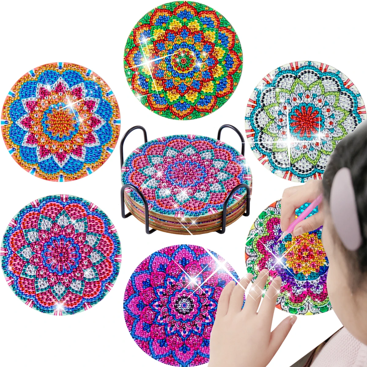 

6Pcs/set New DIY Diamond Painting Coaster Mandala Drink Cup Cushion Non-slip Table Placemat Insulation Pad Kitchen Accessori