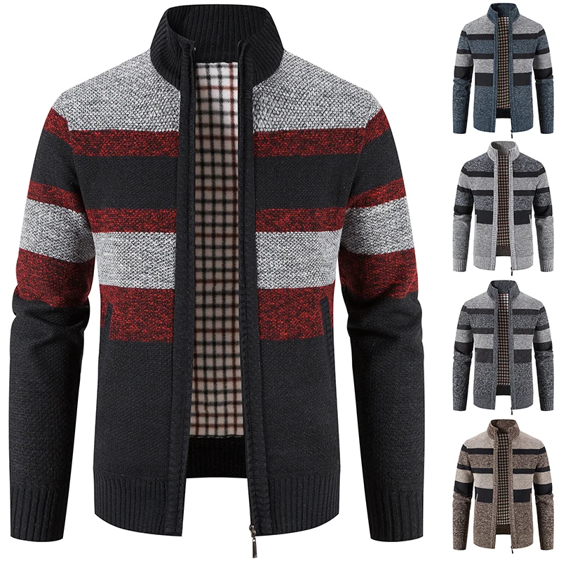 Men's Autumn and Winter Fleece Thickened Wool Sweater Zipper Cardigan Fashion Baseball Collar Striped Stitching Jacket