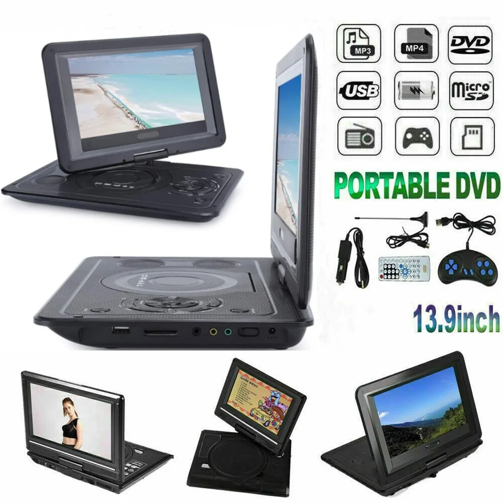 

13.9 Inches Portable DVD Player Region-free USB Port 270 Degree Rotation Swivel Screen EVD Player for Home