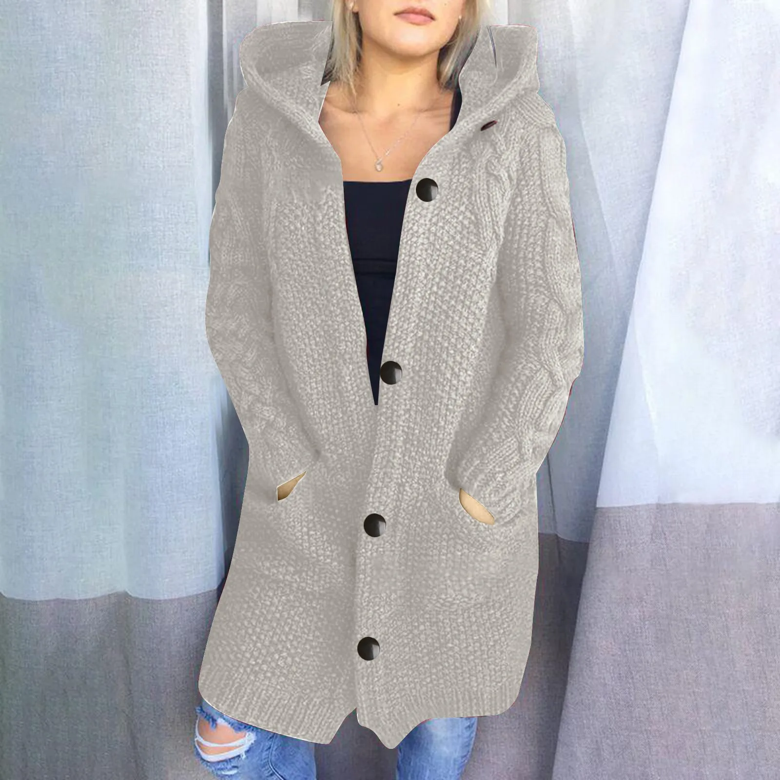 

Women's New Casual Long Sleeve Ladies Solid Coats Thickened Sweater Cardigan Hooded Sweater Large Size Women Long Sweater Coats