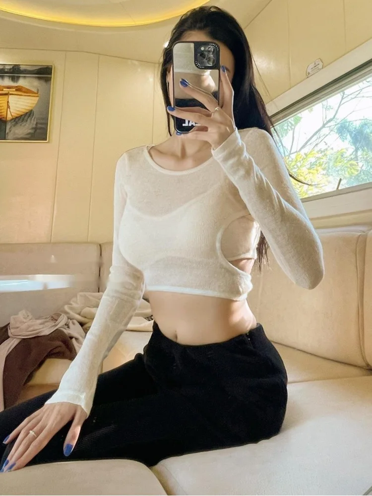 Transparent TVVOVVIN Micro Knitted Two-piece Tshirt Women Backless Long Sleeve Slim Short Tees Summer Hot Sexy Korean Top 4EX4