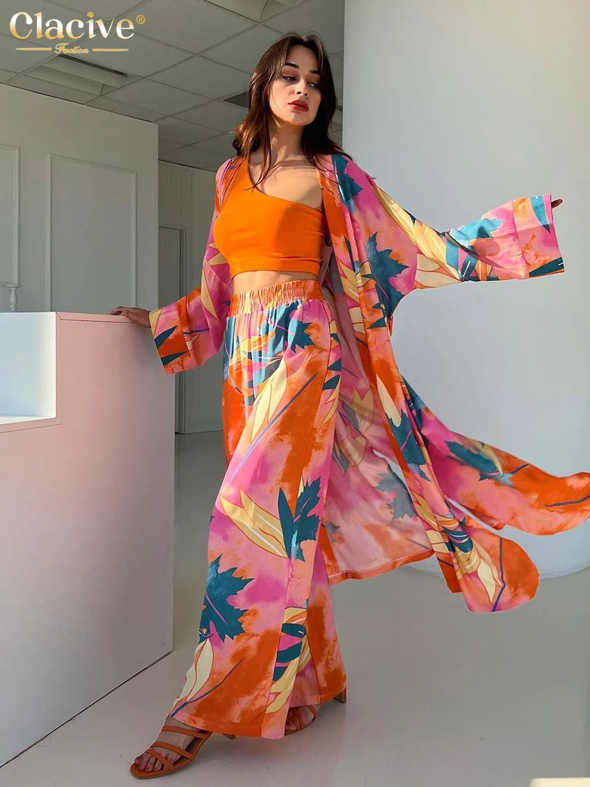 

Clacive Fashion Long Sleeve Robes Women Two Piece Outfits 2022 Casual Loose Print Pant Set Elegant High Waist Wide Trouser Suits