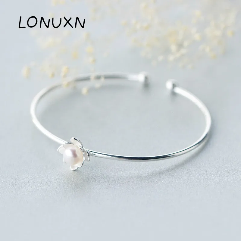 

High Quality Natural Freshwater Pearl Bracelet Jewelry for Women 925 Sterling Silver Flowers Lotus Bracelet Bangle Girls Gift