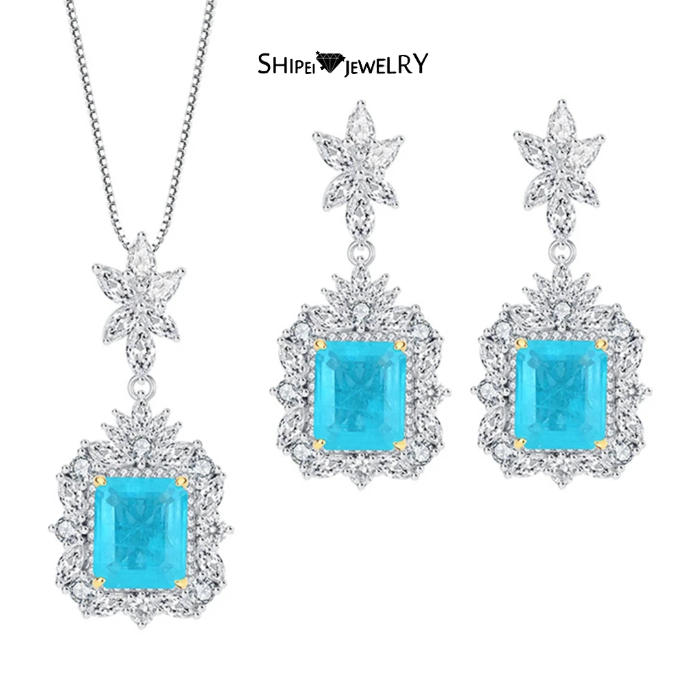 

Shipei 925 Sterling Silver Paraiba Tourmaline Emerald Ruby Created Moissanite Gemstone Earrings/Pendant/Necklace Jewelry Set