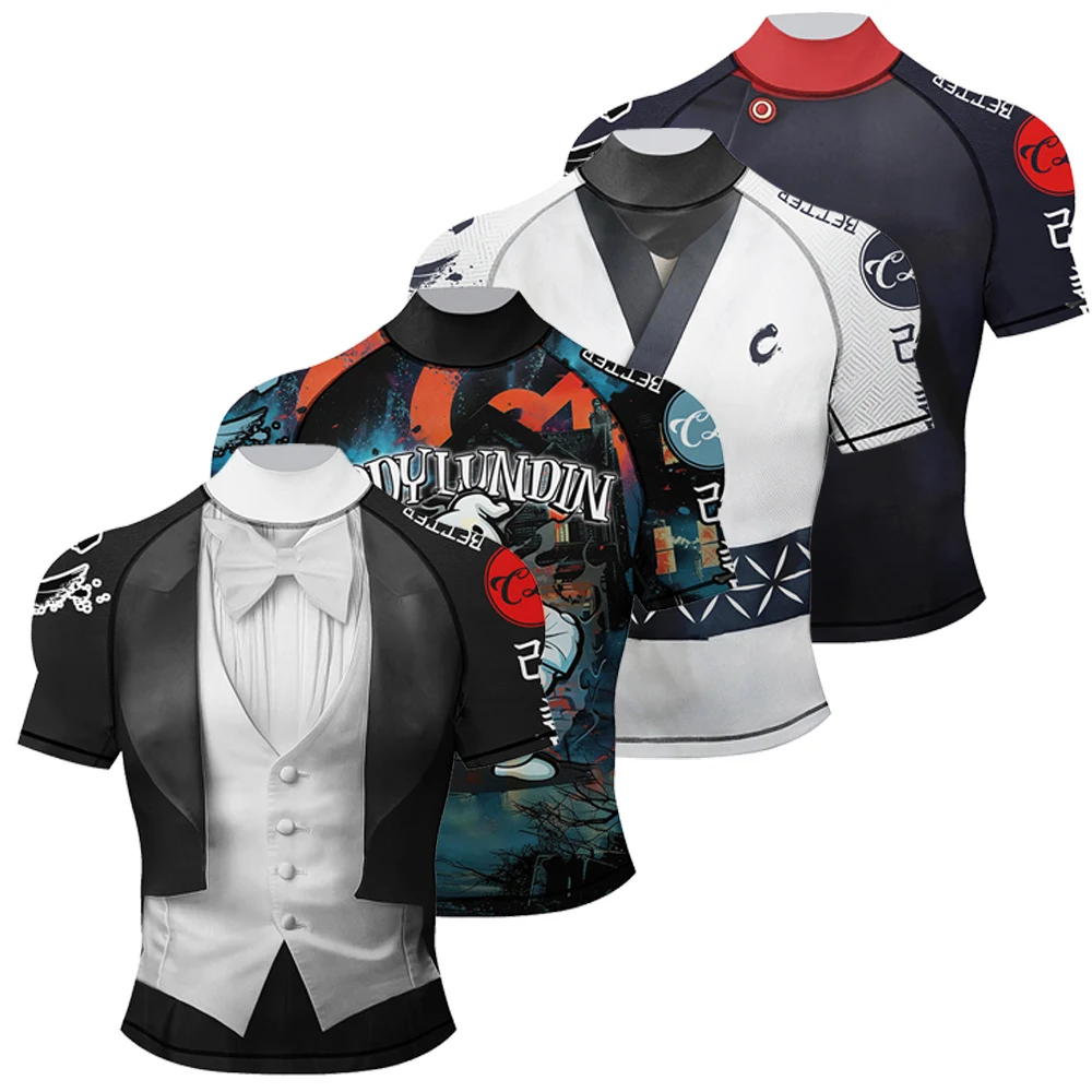 Фото 2025 Новый дизайн Mock Neck Rash Guard Силиконовый подол Мужская спортивная футболка Grappling Gi Jiu Jitsu Рашгард Быстросохнущая UPF 50+ Фитнес-футболка №5