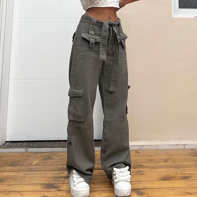 

WeiYao Gray Solid Pockets Cargo Jeans Woman Casual Loose Straight Denim Trousers Sashes High Waist Korean Streetwear Pants 2022