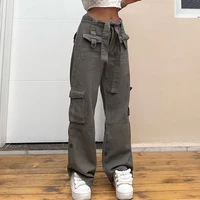 weiyao gray solid pockets cargo jeans woman casual loose straight denim trousers sashes high waist korean streetwear pants 2022