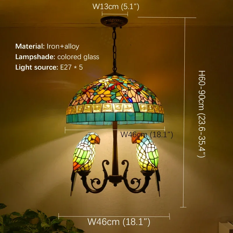 Hongcui Люстра Тиффани попугай винтажная креативная цветная стеклянная люстра для