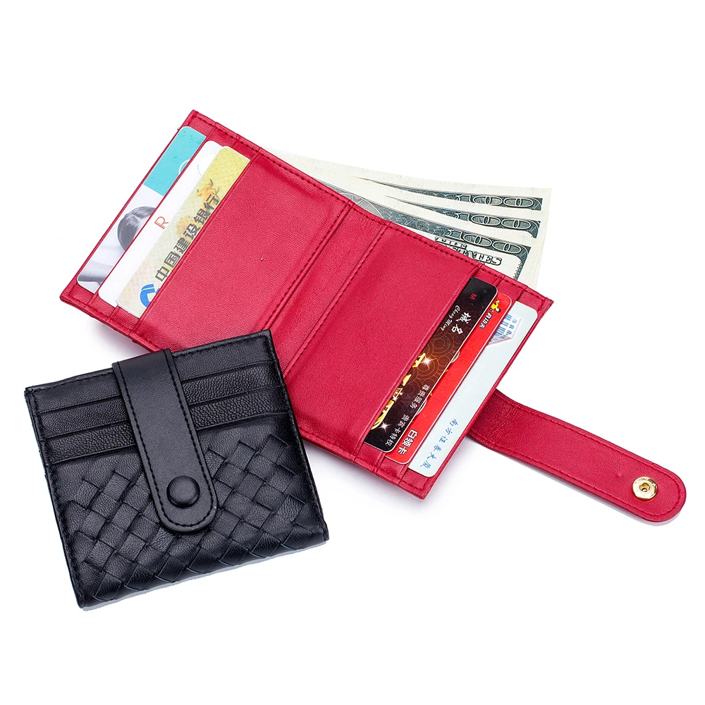 Folding hand-woven paragraphs man purse thin short clasp wallet sheepskin female new contracted small card bag