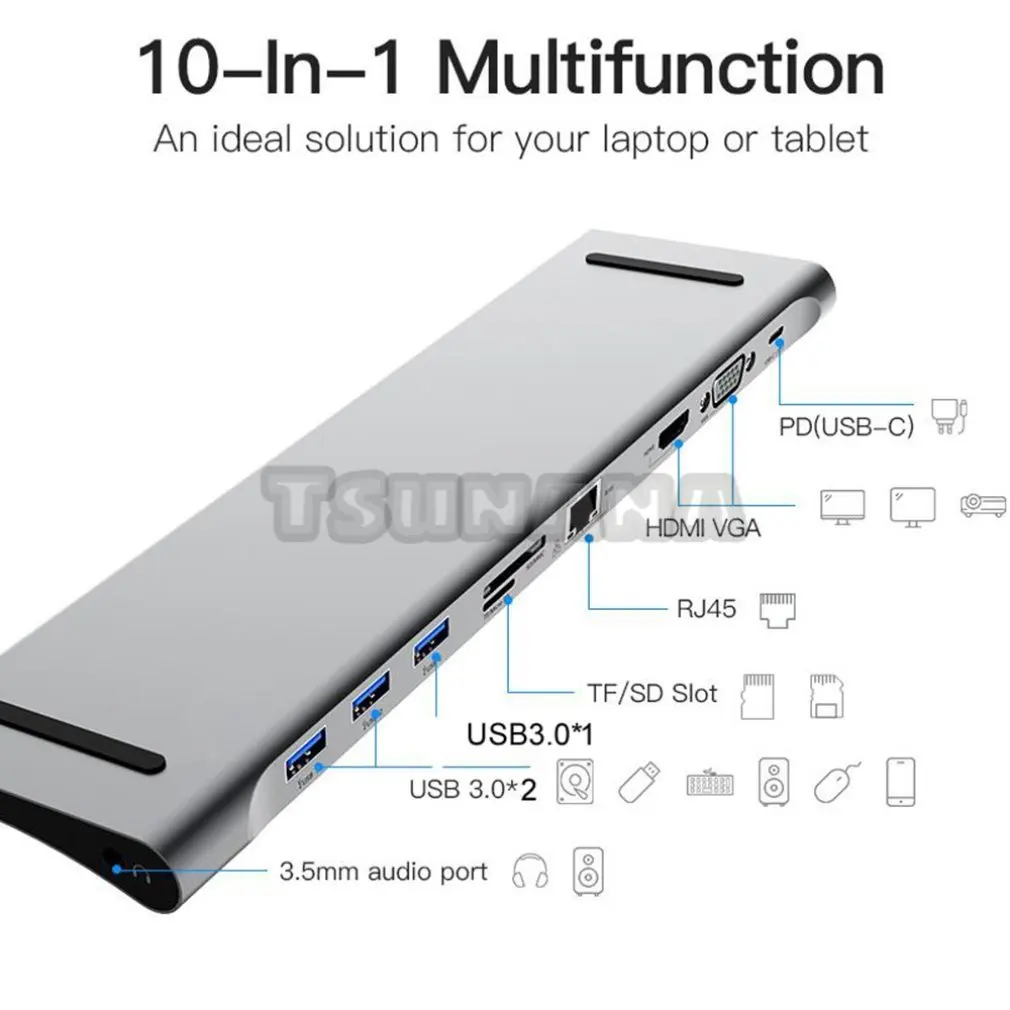 

USB-концентратор 10 в 1, 4K, VGA, 1080P, RJ45, 100 м, 3,5 мм