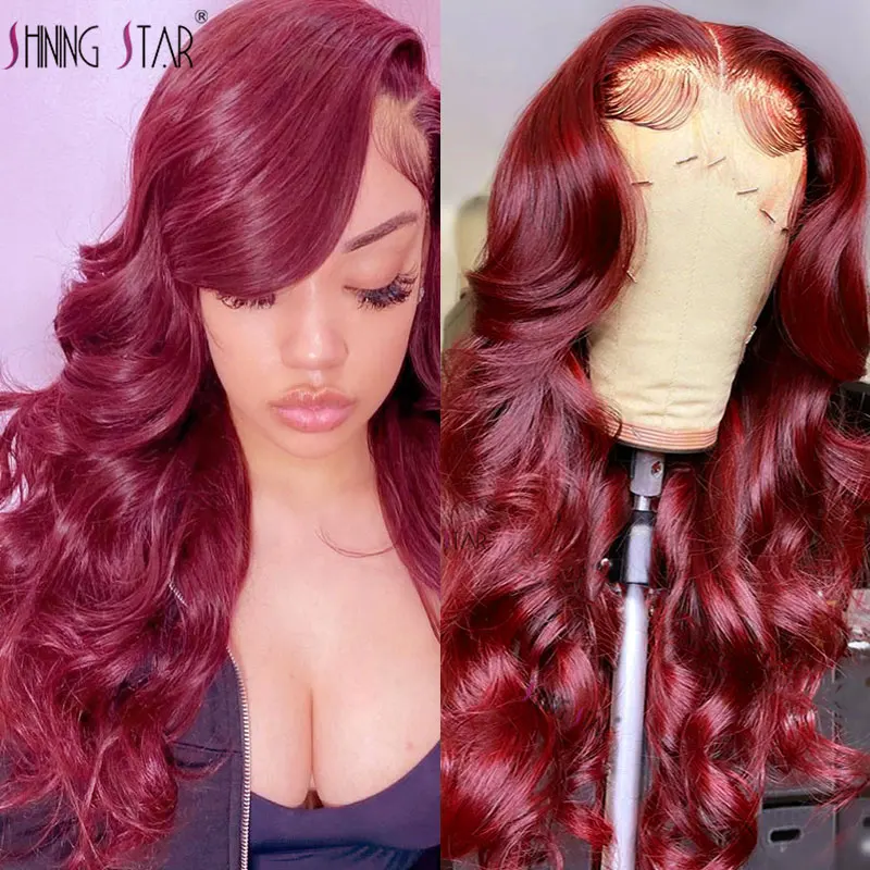 

Парик женский из натуральных волос, окрашенный бордовый на сетке спереди, с объемной волной, бразильский