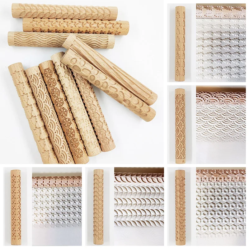 

1PC Wooden Texture Rolling Pin Ceramic Pottery Art Embossed Rod Flower Pattern Mud Roll Roll Reliefs Clay Tools Stone DIY Baking