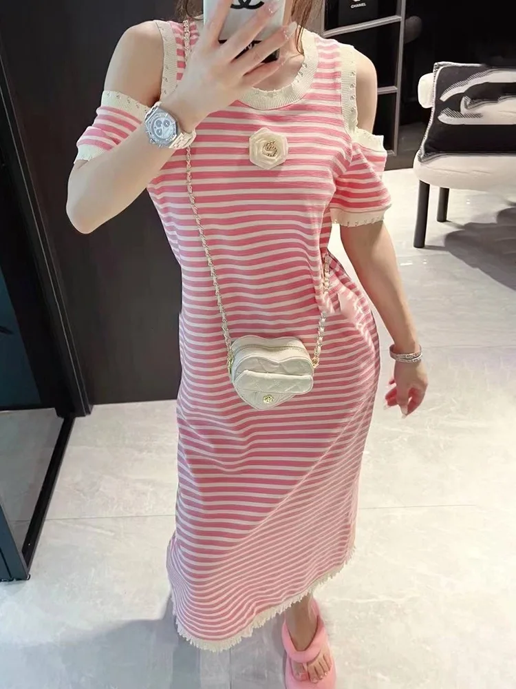 

European small sweet wind round collar stripe dress female amoi easy leisure off-the-shoulder temperament knee-length dress