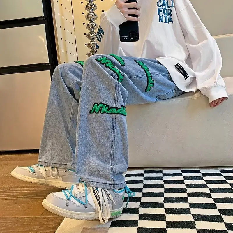 DEEPTOWN Embroidered Straight Jeans Men Retro Y2K Loose Denim Pants Casual Hip Hop Trousers Male Streetwear Fashion Spring