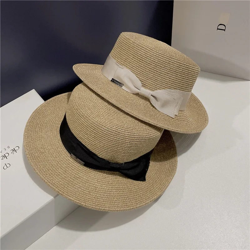 

Web Celebrity Bowknot Flat Straw Hat Straw Costume Beach Cap Retro Female spring, summer, sunscreen, Hat Fashion Elegant Art Win