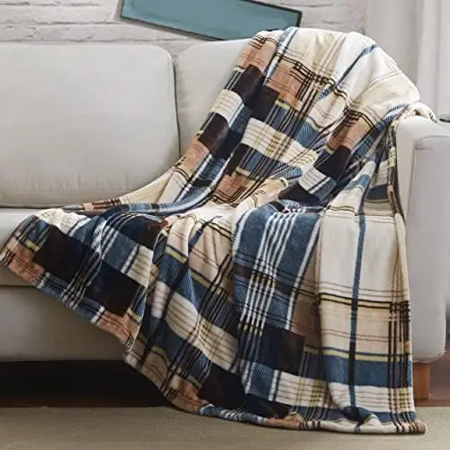 

Winter Cabin Blue Tan Farmhouse Super Soft Micro Fleece Tartan Plaid Plush Lightweight Dual-Sided Decorative Couch, Sofa, Travel