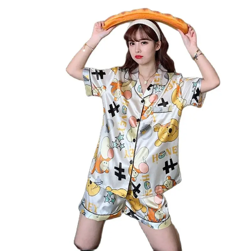 Disney Tigger and Winnie the Pooh Stain Pajamas Set for Women Summer Loose Casual Silk Home Suit Women Shorts for  Sleepwear