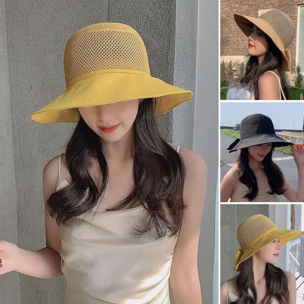 

Women Fisherman Hat Hollow Out Breathable Bow-knot Decor Wide Brim Letter Print Sunscreen Deep Decorative Lady Sun Hat Headwear