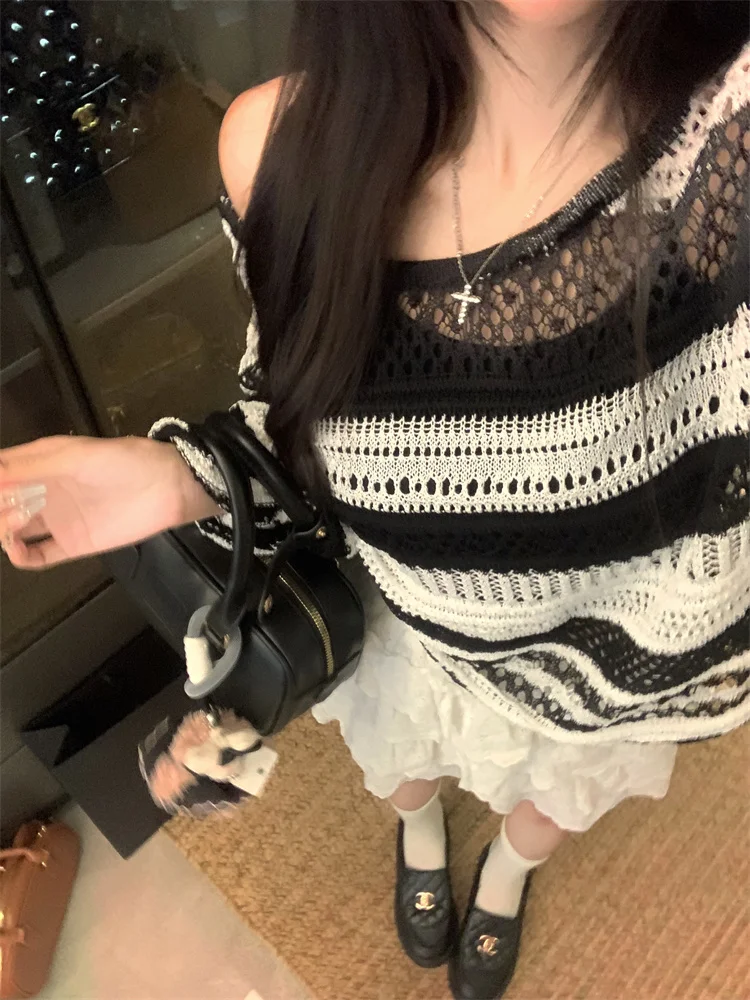 Полосатая блузка с защитой от солнца из вискозы вязаная для кондиционера женский