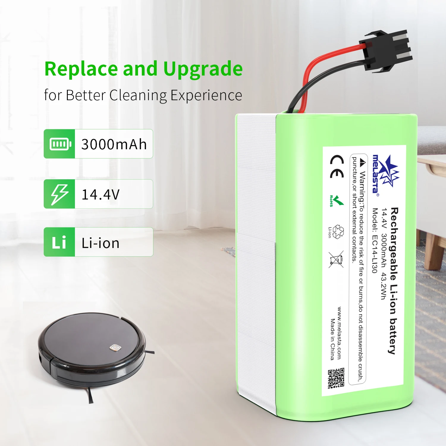 

14.4v 3000mAh Li-ion Rechargeable Battery For Ecovacs Deebot N79S DN622 Eufy RoboVac 11 11S Conga 990 995 1090 1190 1790