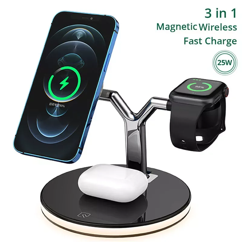 

3 In 1 Wireless Charger for iPhone 12 Pro Apple iWatch Airpods Pro Magnetic Fast Charging Station Dock Stand Touch Light