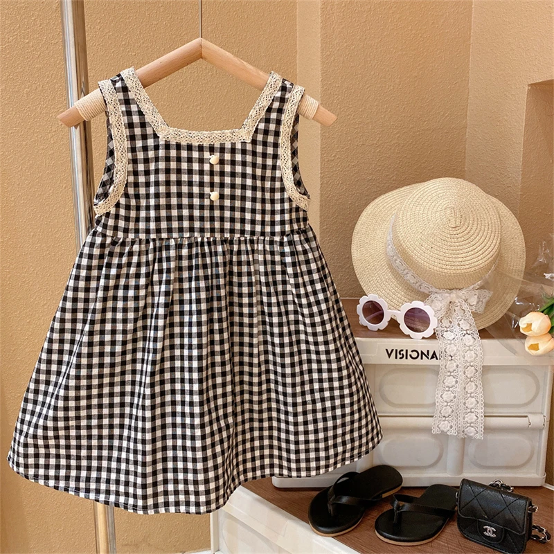

2-8 Years Kids Baby Girls Casual Dresses New Fashion Loose Plaid Summer Dresses Square Collar Sleeveless Princess Dress