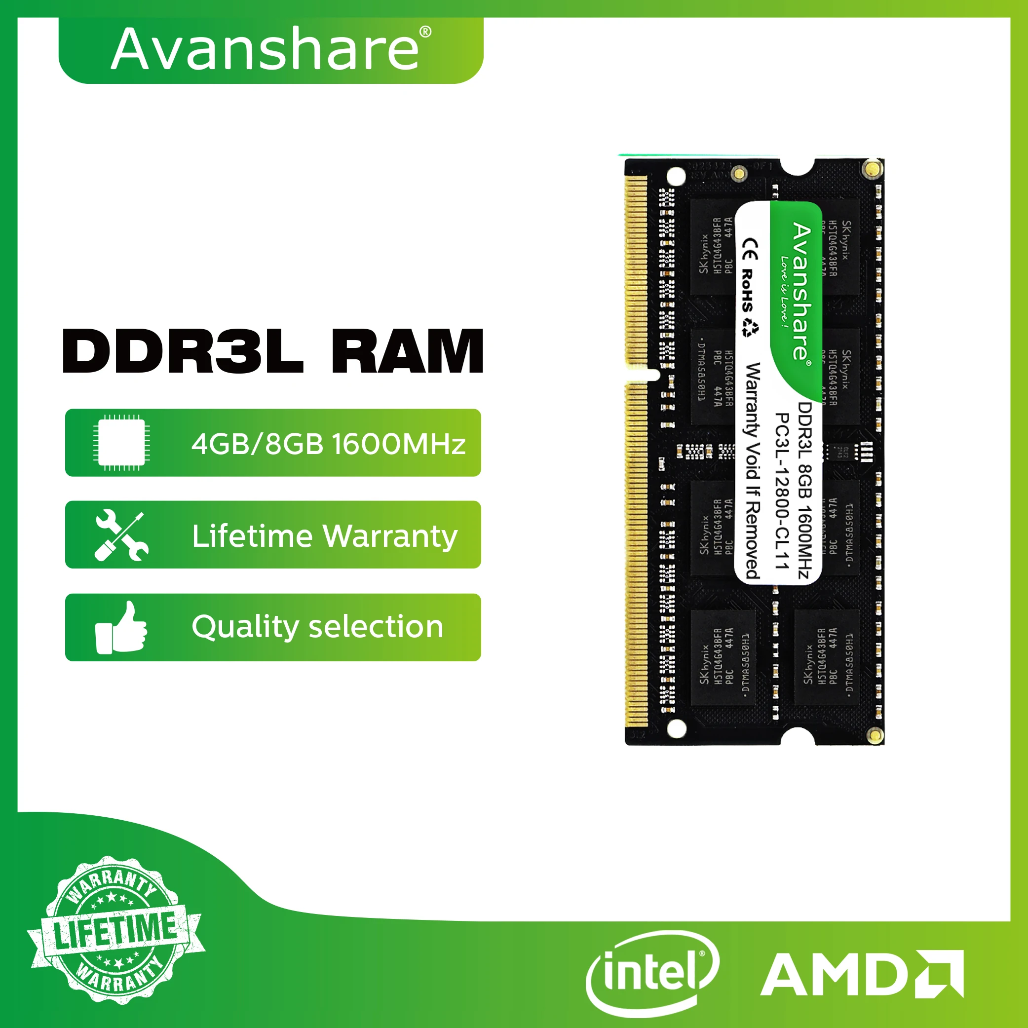 Avanshare DDR3L Sodimm 4GB 8GB 1333MHz أو 1600MHz 1.35V PC3L محمول ذاكرة عشوائية DDR3 1.5V