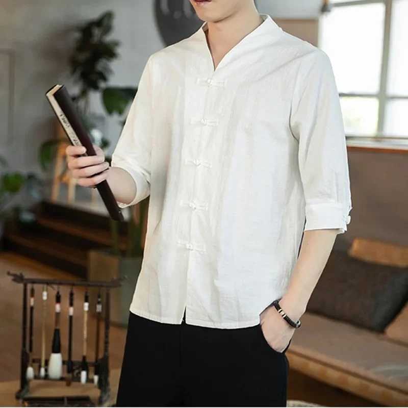 Новинка 2024 мужские топы в китайском стиле льняной костюм Тан однотонная