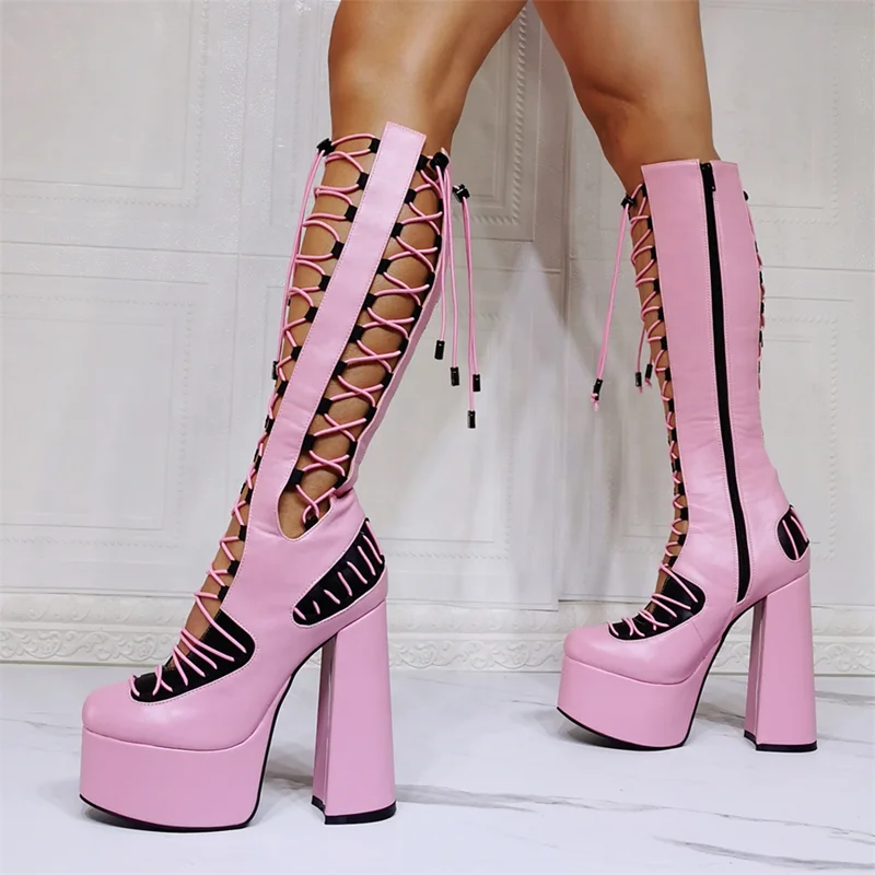 High Quality Closed Round Toe Cross-tied Chunky High Heel Summer Knee High Boots Metallic Silver Hollow Out Side Zip Long Boots