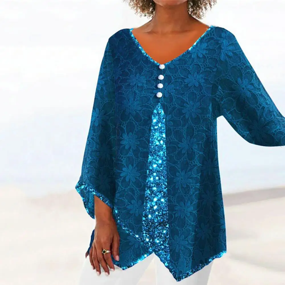 

Women Irregular Hem Top Floral Print Patchwork Blouse Irregular Hem V-neck Office Lady Shirt Stylish Women's Pullover Tops