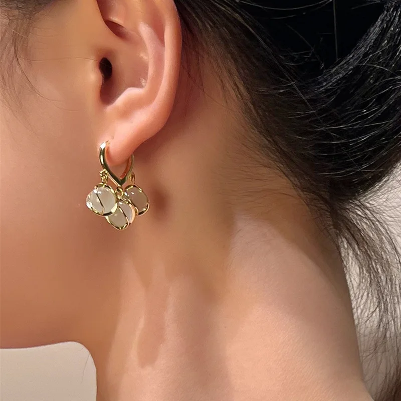 

European and American Style Fashion Light Luxury Round Bead Opal Ear Buckle Lily of The Orchid Tassel Earrings Smart Earrings