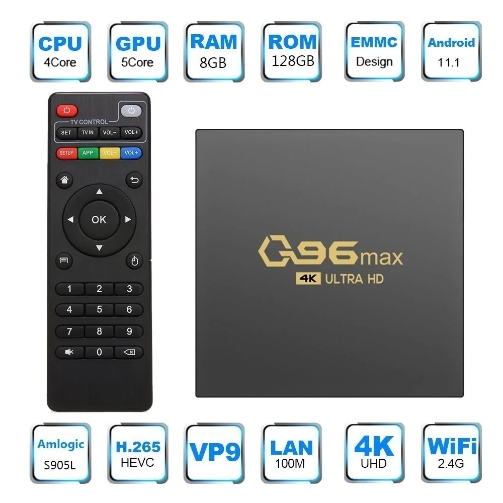 

Q96 MAX 2022 Новый 2,4G WIFI 8 ГБ + 128 Гб 4K H.265 медиаплеер ТВ-приставка четырехъядерный Amlogic S905L Бесплатная доставка