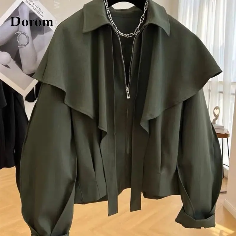 

Vintage Casual Green Bomber Jacket Women Turn-down Collar Lantern Sleeve Zipper Cropped Jacket Coat Spring Autumn Loose Outwears