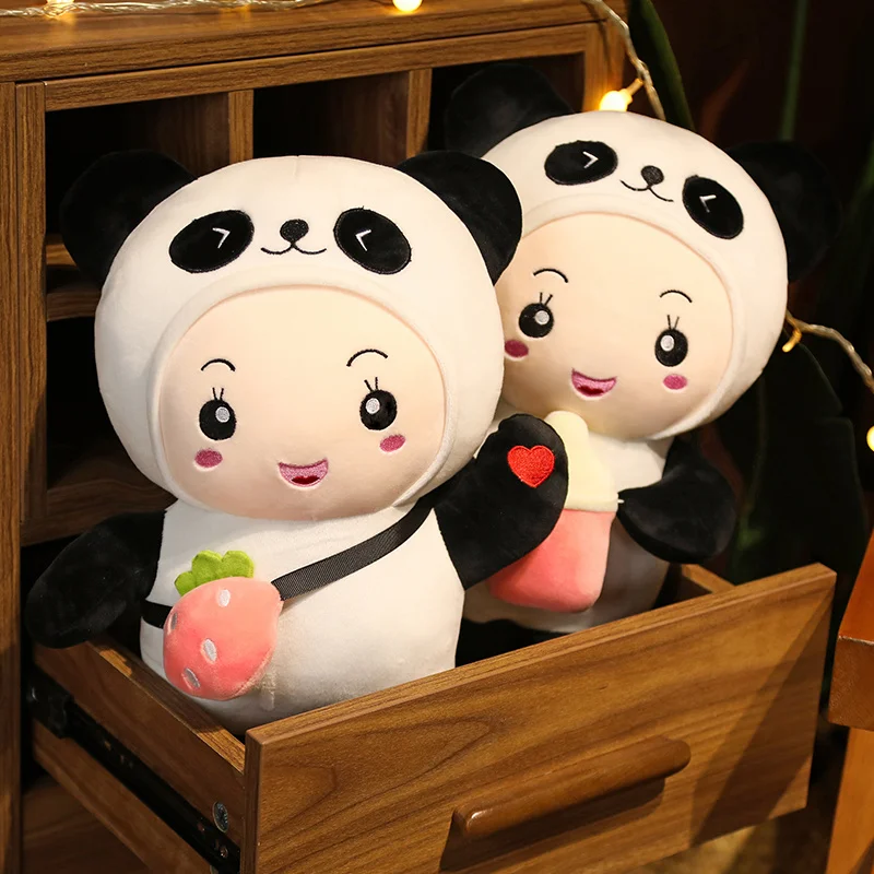 

35-60CM Fluffy Panda Doll With Strawberry Backpack Milk Bottle Stuffed Kids Child Soft Animal Toy Nice Gift For Girlfriend