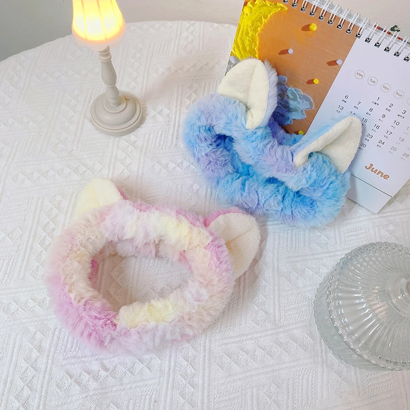 

2023 Tie-dye Colourful Cat Ears Hairband Cute Headband Women Hair Band Wash Shower Make Up Elastic Band On Head