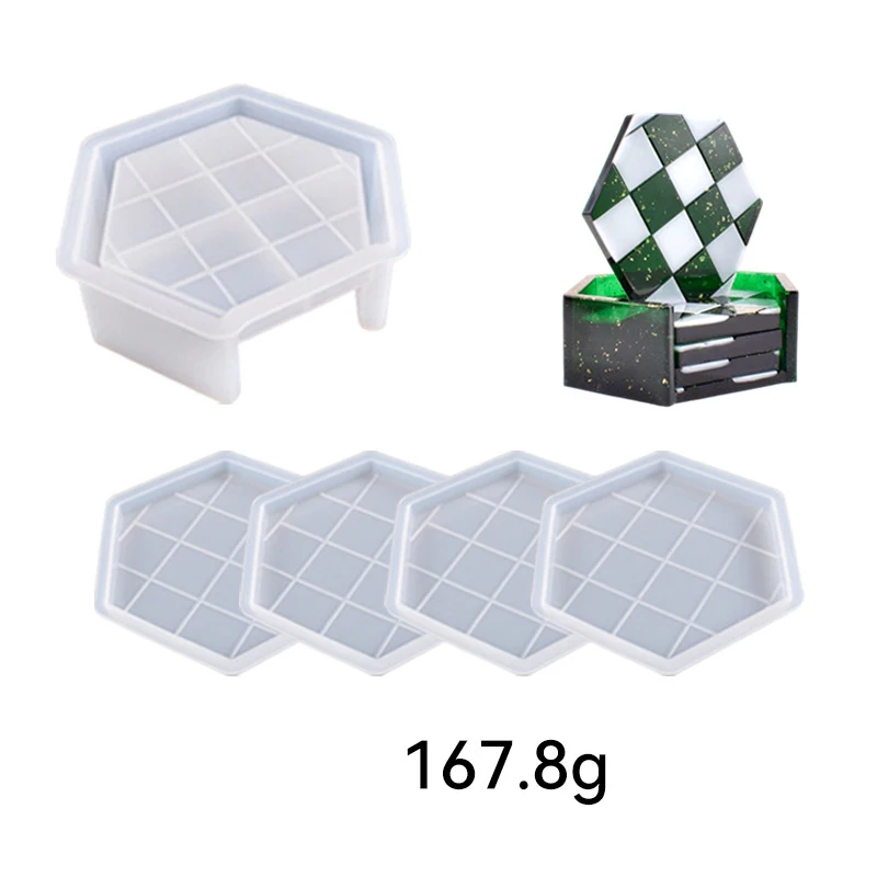 5 Piece Set DIY Circular Coaster Mold Epoxy Resin Mould Hexahedron Octagon Coaster Silicone Mold Checkerboard Grid Cup Mat Mould