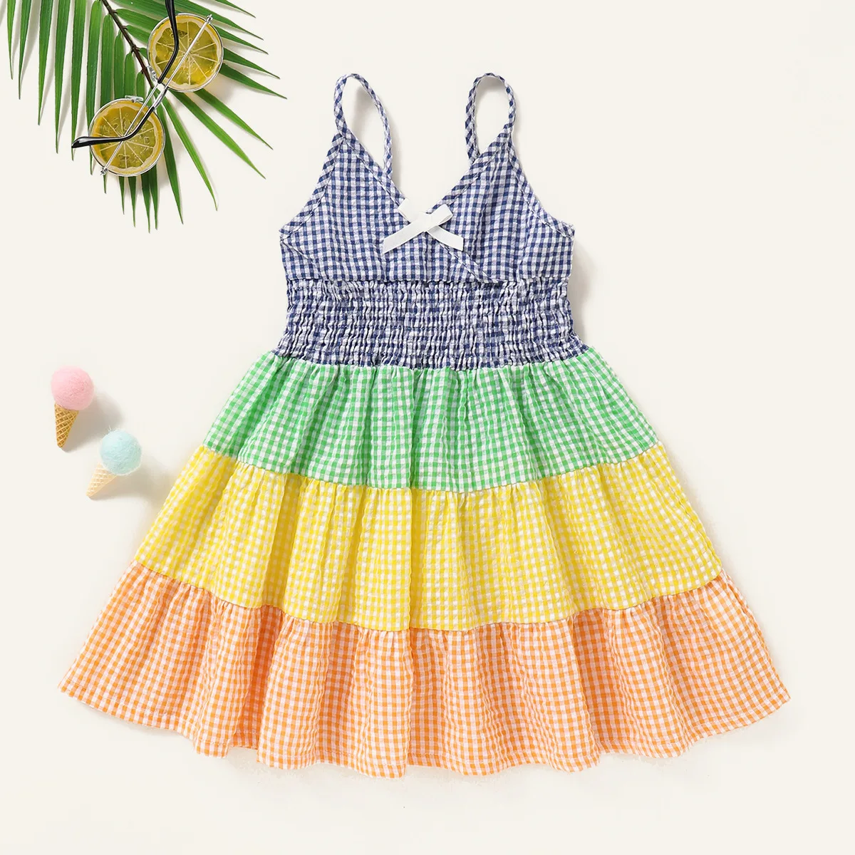 

Summer Girls Dress Strap Plaid Bow Sleeveless Party Princess Cute Children Baby Kid Clothing Rainbow Frock Vestido Playero Roupa