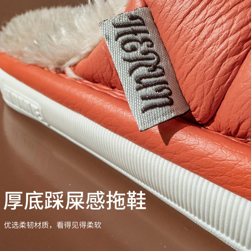 Home Cotton Shoes Women Winter Warm Slippers Unisex Pu Leather Waterproof Anti-Slip Soft Wraps Shoes Soft Memory Foam Sole Slids