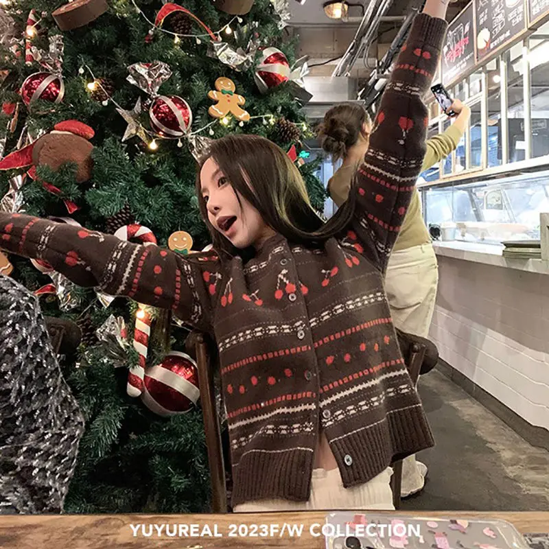 Gaganight женский ретро контрастный вишневый жаккардовый вязаный кардиган 2024