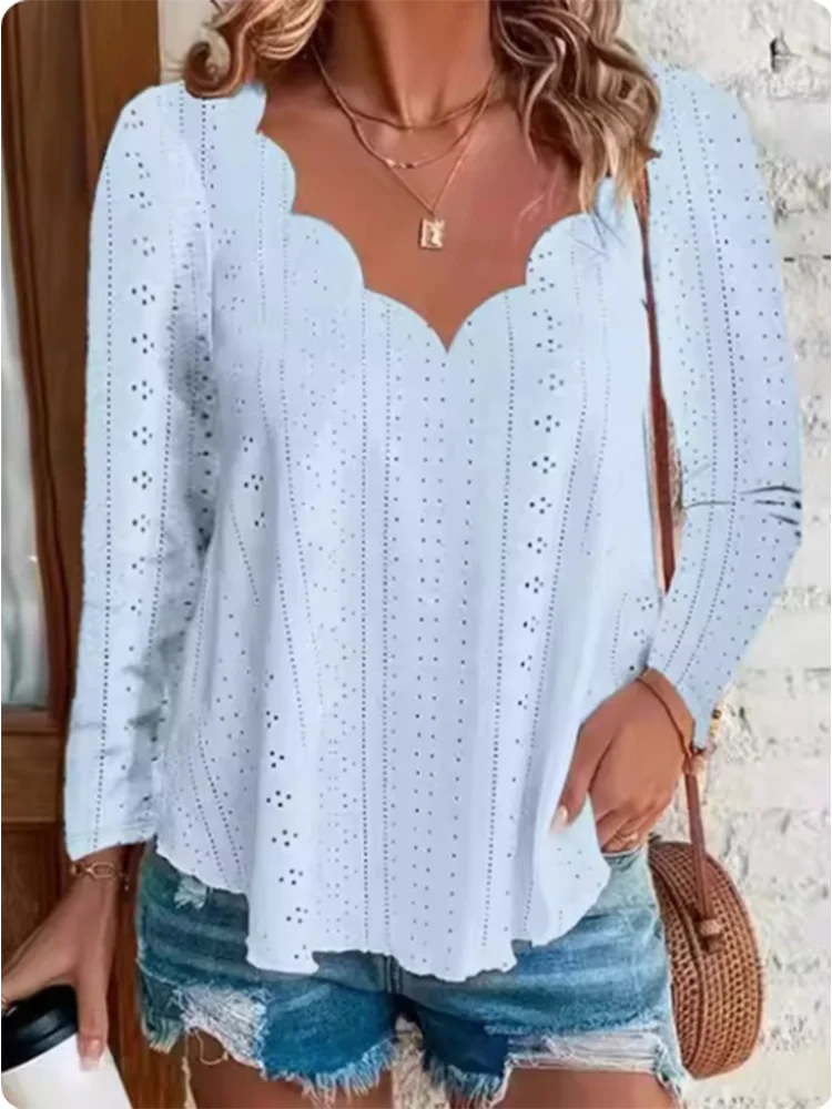 Модный волнистый топ с V-образным вырезом Женская Однотонная рубашка длинным