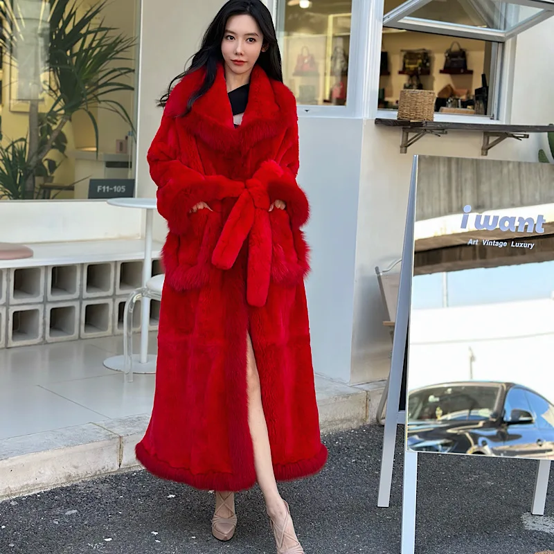 Женское длинное пальто из натур. Кожи зимнее натурального меха кролика рекс с