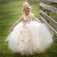 puffy flowers applique ball gown flower girl dresses long sleeves illusion backless baby girl birthday party dress