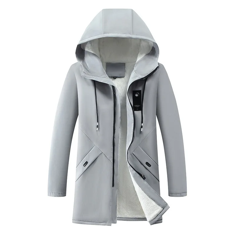 New Parkas Jackets for Men  Long Hooded Coat Winter New Warm Thick  Fleece Parkas Jacket Mens Cotton Windproof Solid Color Coats