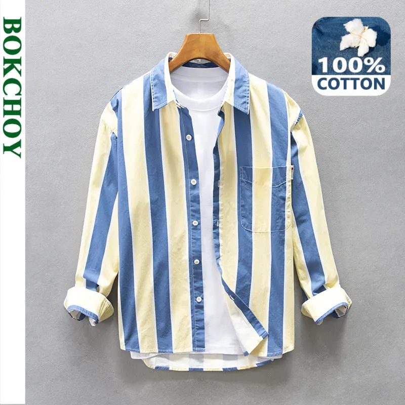

2022 Autumn Winter New Men's Loose Casual Shirts Big Pockets Blue and Yellow Striped Fashion Cotton Comfortable Tops AZ194