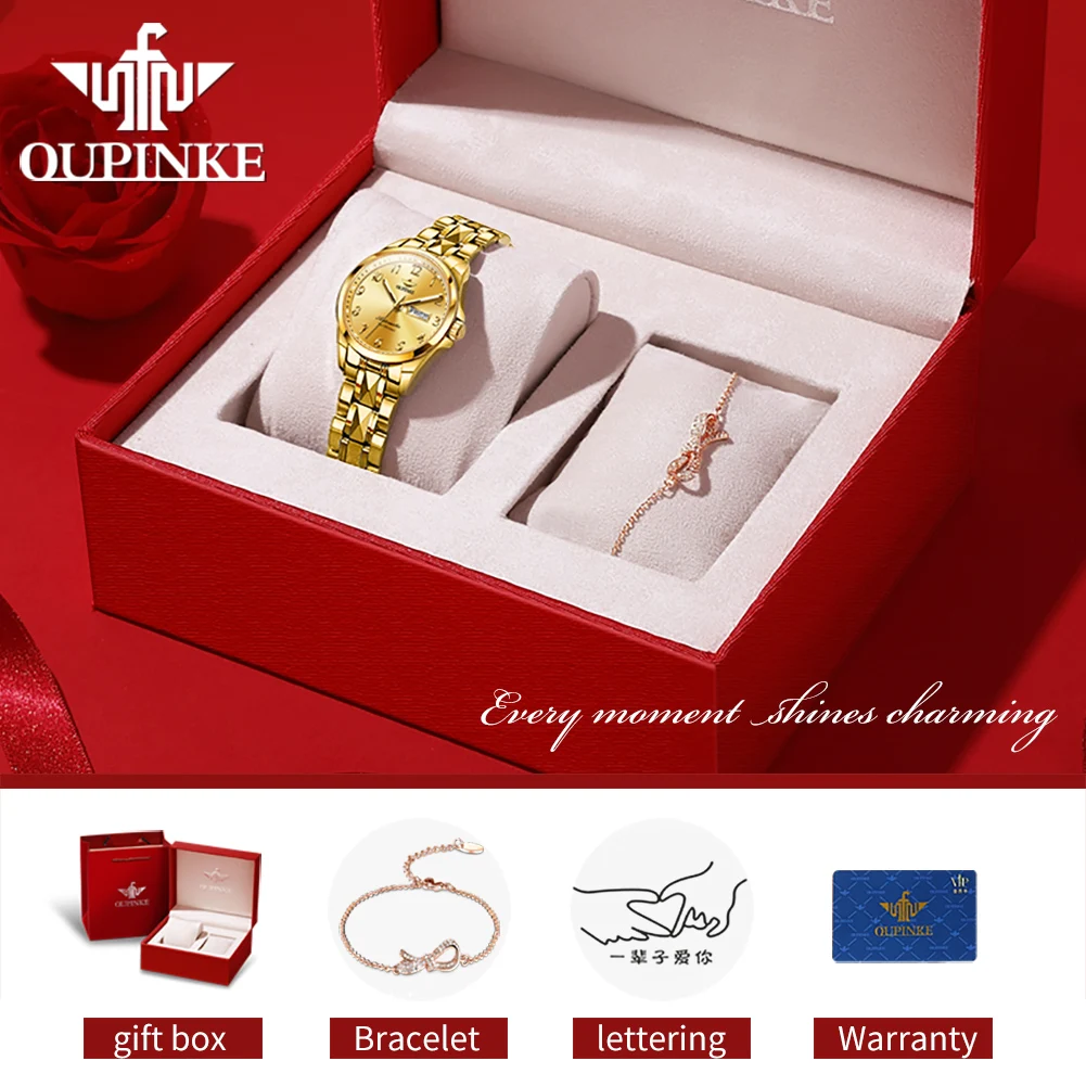 OUPINKE Luxury Digital Gold Couple Watch luminous Fashion Business Automatic Mechanical Necklace Bracelet Couple Watch Set