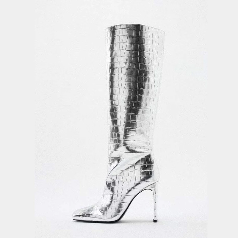 Dovereiss 2023Fashion Female Gold Silver Stilettos Heels  Zipper Winter Sexy New Square To Knee High Boots  Big Size 40 41 42 43