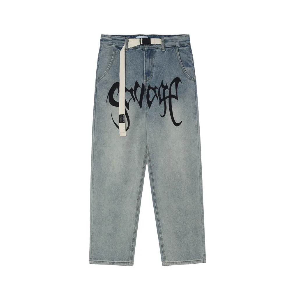 

EukaaRu Letter Printed Vintage Denim Jeans Casual Pants Boys Teenager Belt Decorative Fashion Pants Women Loose Straight Pants