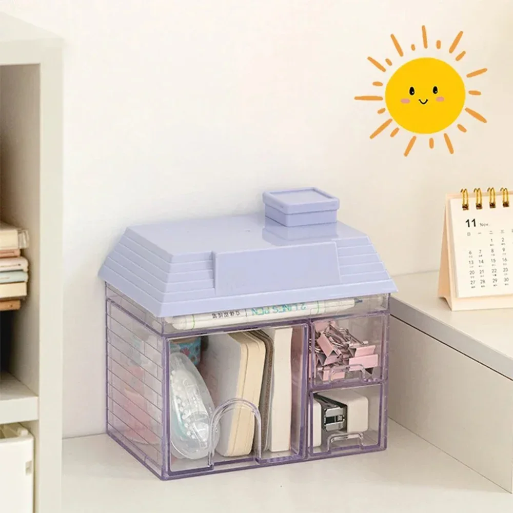 Kawaii Transparent Desktop Storage Box Creative Small House Pen Holder Student Stationery Cosmetic Organizer Rack Drawer